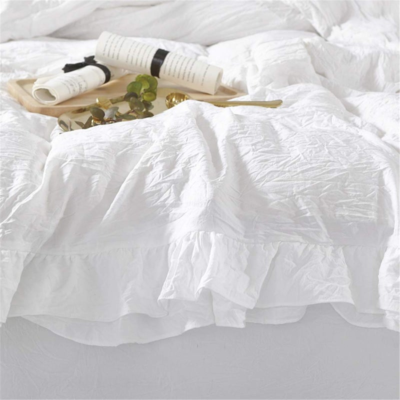 MOOWOO Ruffle Duvet Cover Set, Soft and Breathable Washed Microfiber 3pcs Bedding Set, Shabby Chic Farmhouse Duvet Cover and Pillow Shams, Zipper Closure & Corner Ties, Easy Care -(White, Queen) - Image 2